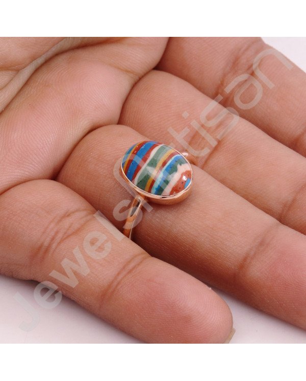 Rainbow Calsilica Rose Gold-Plated 925 Sterling Silver Ring