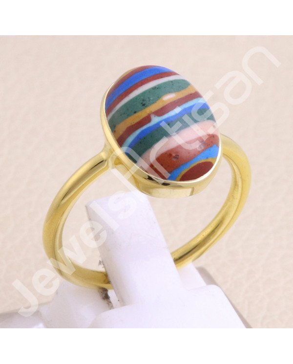 925 Solid Silver Rainbow Calsilica Gold Vermeil Ring