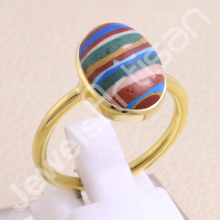 925 Solid Silver Rainbow Calsilica Gold Vermeil Ring