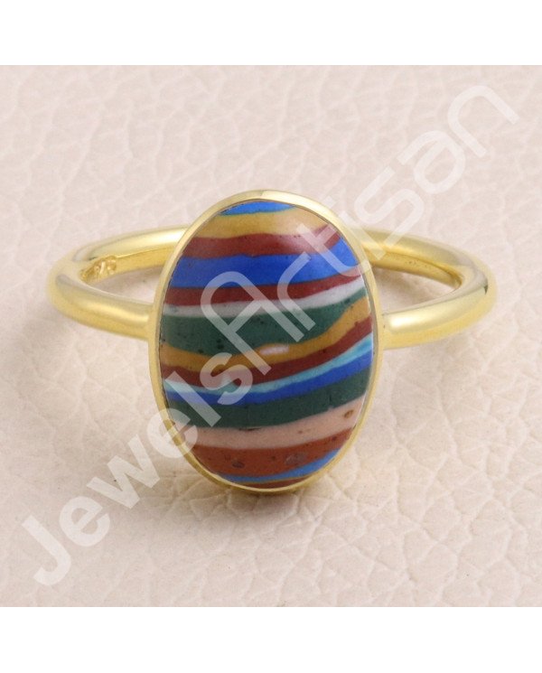 925 Solid Silver Rainbow Calsilica Gold Vermeil Ring