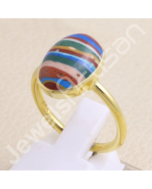 925 Solid Silver Rainbow Calsilica Gold Vermeil Ring
