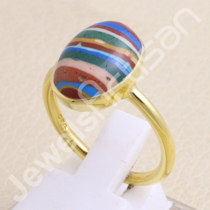 925 Solid Silver Rainbow Calsilica Gold Vermeil Ring