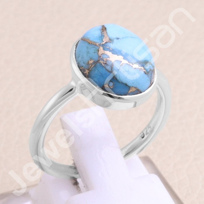 Classic Solitaire Sterling Silver Blue Copper Turquoise Ring