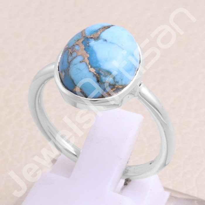 Classic Solitaire Sterling Silver Blue Copper Turquoise Ring