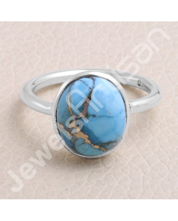 Classic Solitaire Sterling Silver Blue Copper Turquoise Ring