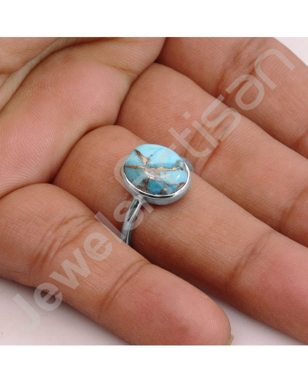 Classic Solitaire Sterling Silver Blue Copper Turquoise Ring