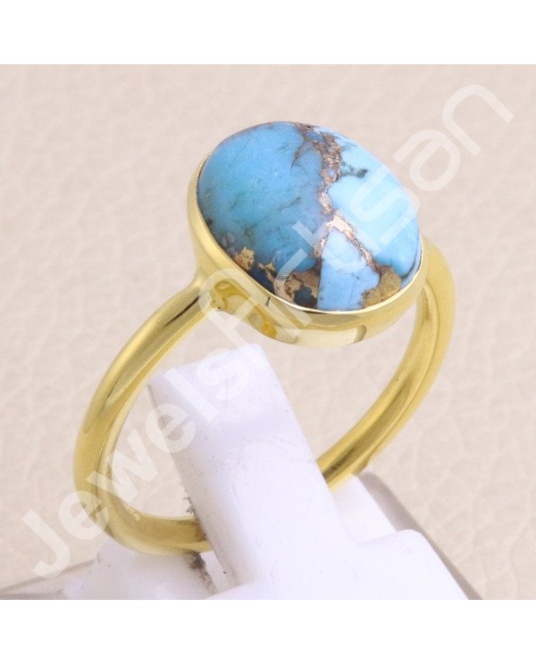 925 Solid Silver Blue Copper Turquoise Gold Vermeil Ring