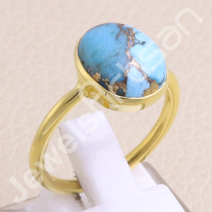 925 Solid Silver Blue Copper Turquoise Gold Vermeil Ring