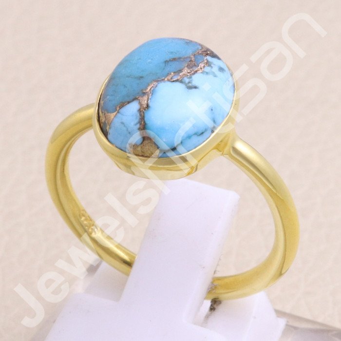925 Solid Silver Blue Copper Turquoise Gold Vermeil Ring
