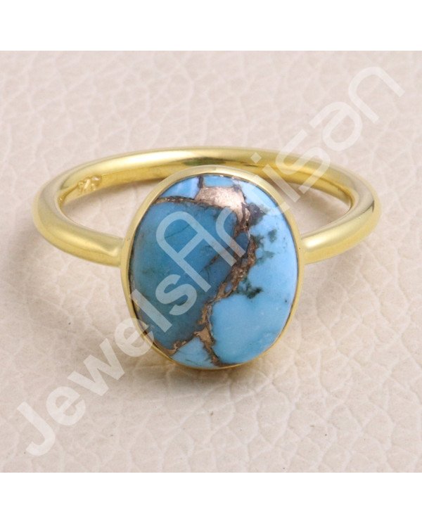 925 Solid Silver Blue Copper Turquoise Gold Vermeil Ring