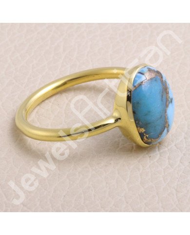 925 Solid Silver Blue Copper Turquoise Gold Vermeil Ring
