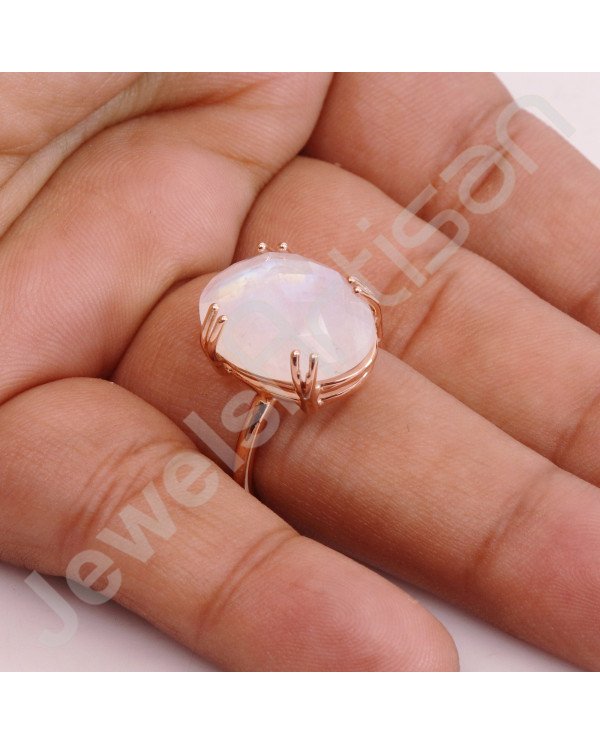 Rainbow Moonstone 925 Sterling Silver Ring Rose Gold-Plated Ring
