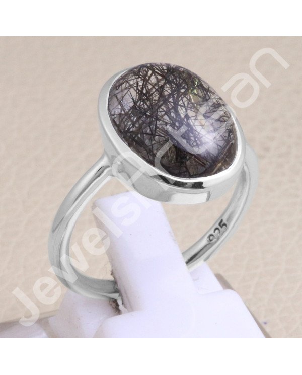 Classic Solitaire Ring Sterling Silver Ring Tourmalinated Quartz Ring