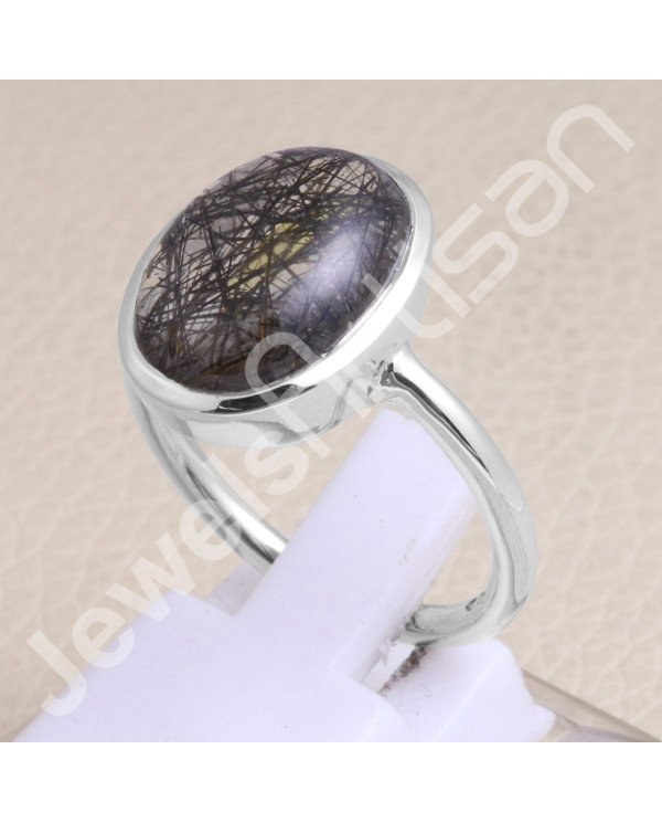 Classic Solitaire Ring Sterling Silver Ring Tourmalinated Quartz Ring
