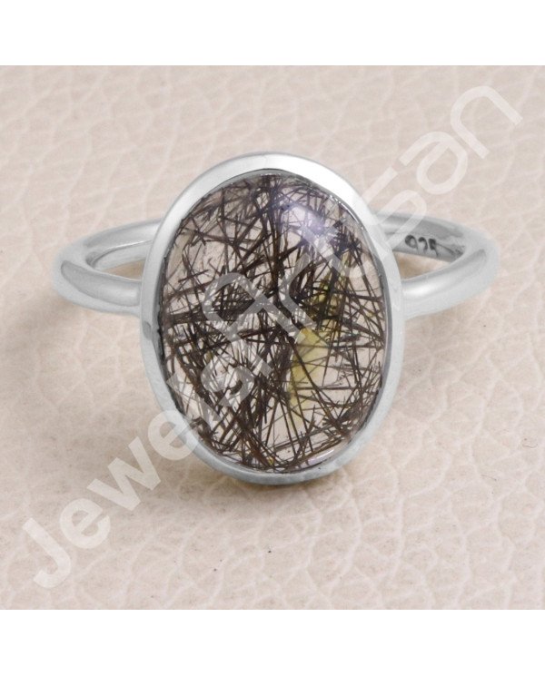 Classic Solitaire Ring Sterling Silver Ring Tourmalinated Quartz Ring