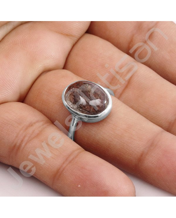 Classic Solitaire Ring Sterling Silver Ring Tourmalinated Quartz Ring