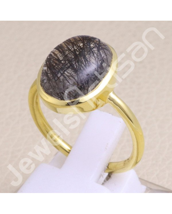 Solid Silver Ring Tourmalinated Quartz Ring 1-Micron Gold-Plated Ring