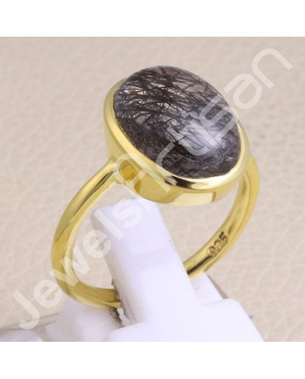 Solid Silver Ring Tourmalinated Quartz Ring 1-Micron Gold-Plated Ring