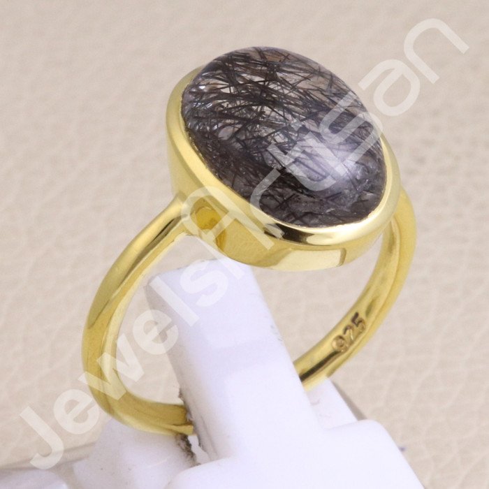 Tourmalinated Quartz 925 Solid Silver Gold Vermeil Ring