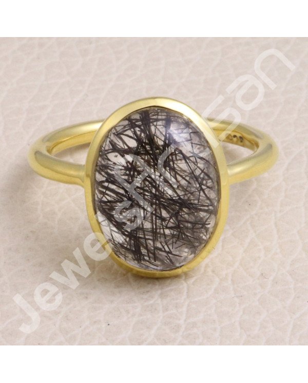 Solid Silver Ring Tourmalinated Quartz Ring 1-Micron Gold-Plated Ring