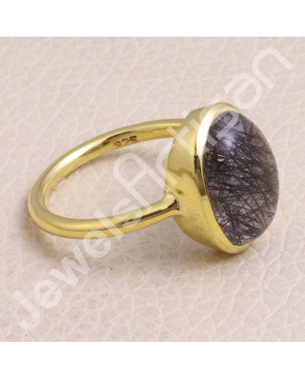 Solid Silver Ring Tourmalinated Quartz Ring 1-Micron Gold-Plated Ring