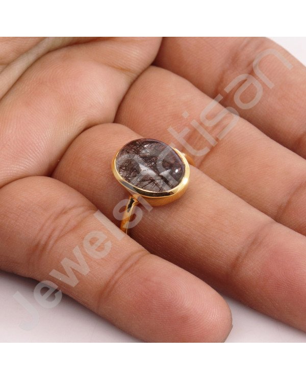 Solid Silver Ring Tourmalinated Quartz Ring 1-Micron Gold-Plated Ring