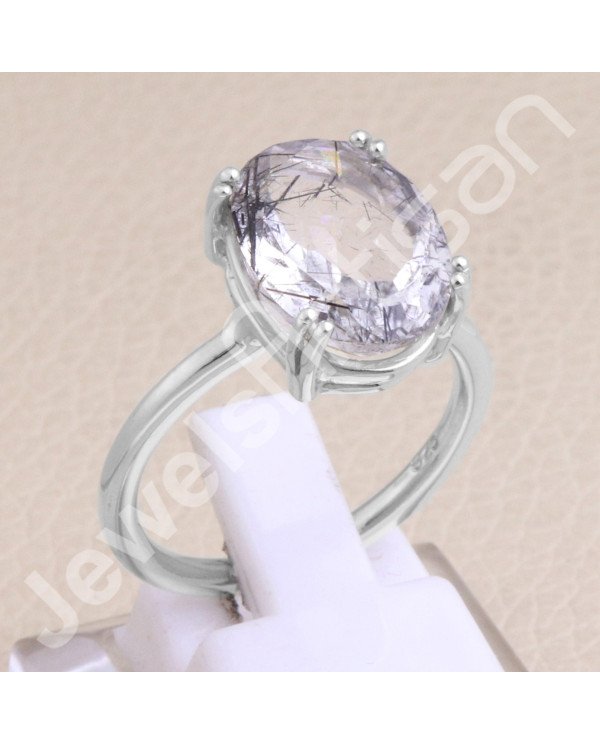 Classic Solitaire Ring Sterling Silver Ring Tourmalinated Quartz Ring