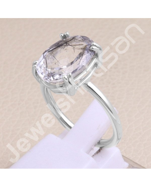 Classic Solitaire Ring Sterling Silver Ring Tourmalinated Quartz Ring