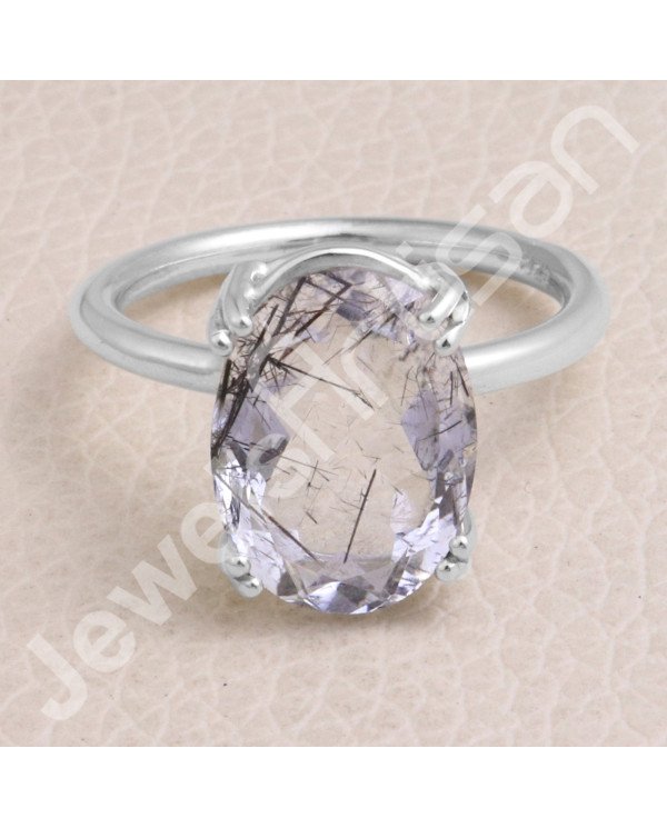 Classic Solitaire Ring Sterling Silver Ring Tourmalinated Quartz Ring