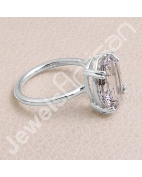 Classic Solitaire Ring Sterling Silver Ring Tourmalinated Quartz Ring