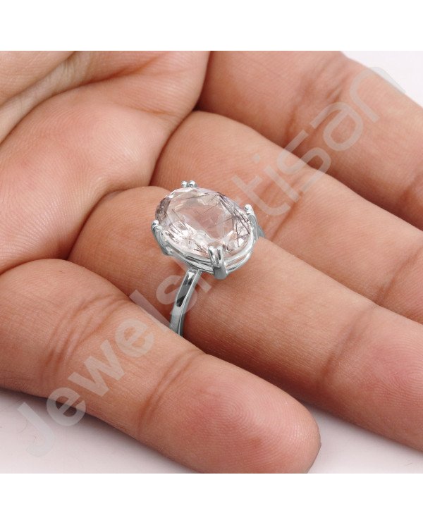 Classic Solitaire Ring Sterling Silver Ring Tourmalinated Quartz Ring
