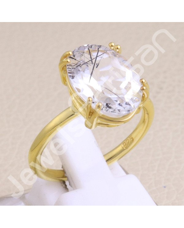 Solid Silver Ring Tourmalinated Quartz Ring 1-Micron Gold-Plated Ring