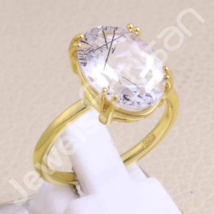 925 Solid Silver Tourmalinated Quartz Gold Vermeil Ring