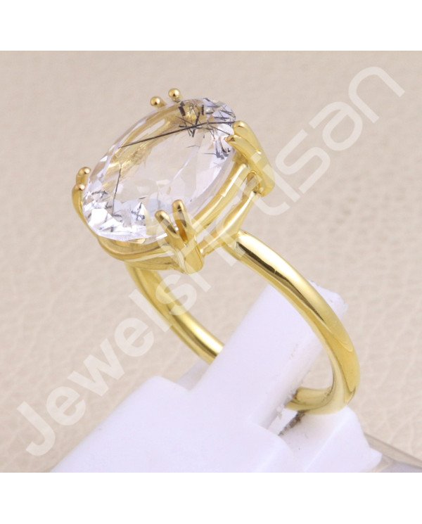 Solid Silver Ring Tourmalinated Quartz Ring 1-Micron Gold-Plated Ring