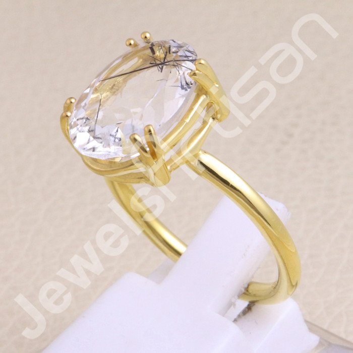 925 Solid Silver Tourmalinated Quartz Gold Vermeil Ring