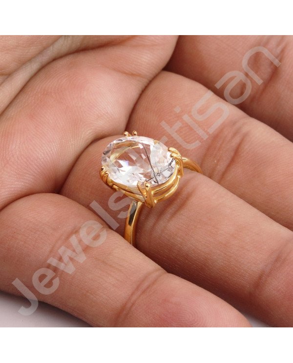 Solid Silver Ring Tourmalinated Quartz Ring 1-Micron Gold-Plated Ring
