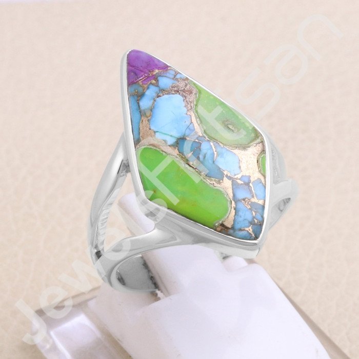 Green Purple Copper Turquoise 925 Sterling Silver Ring
