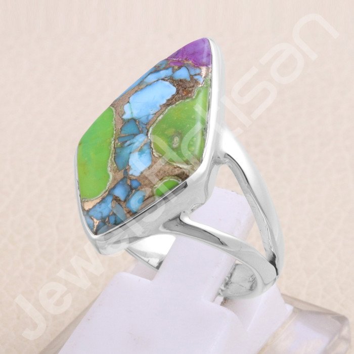 Green Purple Copper Turquoise 925 Sterling Silver Ring