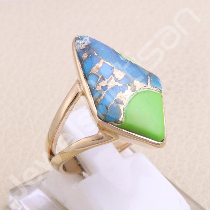 Green Purple Copper Turquoise Rose Gold-Plated 925 Sterling Silver Ring