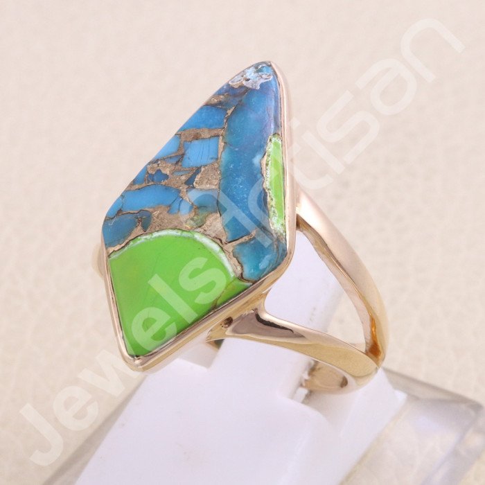 Green Purple Copper Turquoise Rose Gold-Plated 925 Sterling Silver Ring