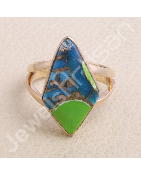 Green Purple Copper Turquoise Ring Rose-Gold Plated Ring Solitaire Ring