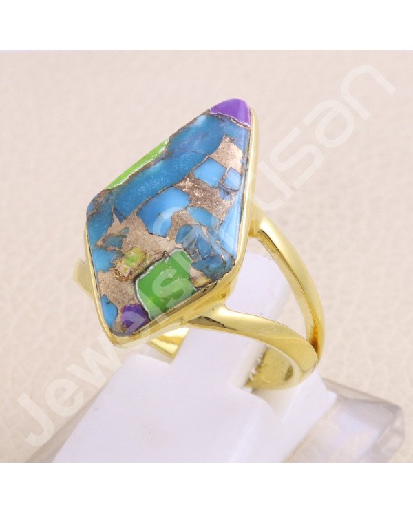 Sterling Silver Green Purple Copper Turquoise 18 K Gold Plated Ring