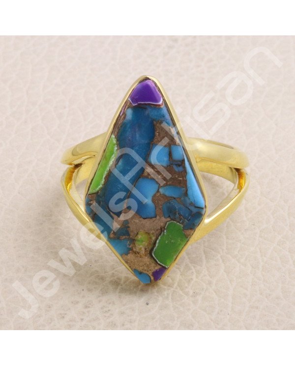 Sterling Silver Green Purple Copper Turquoise 18 K Gold Plated Ring