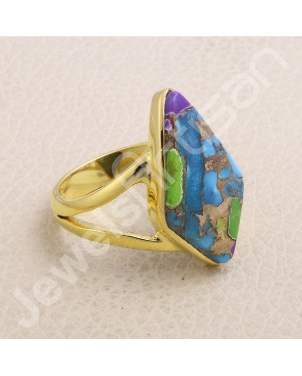 Sterling Silver Green Purple Copper Turquoise 18 K Gold Plated Ring