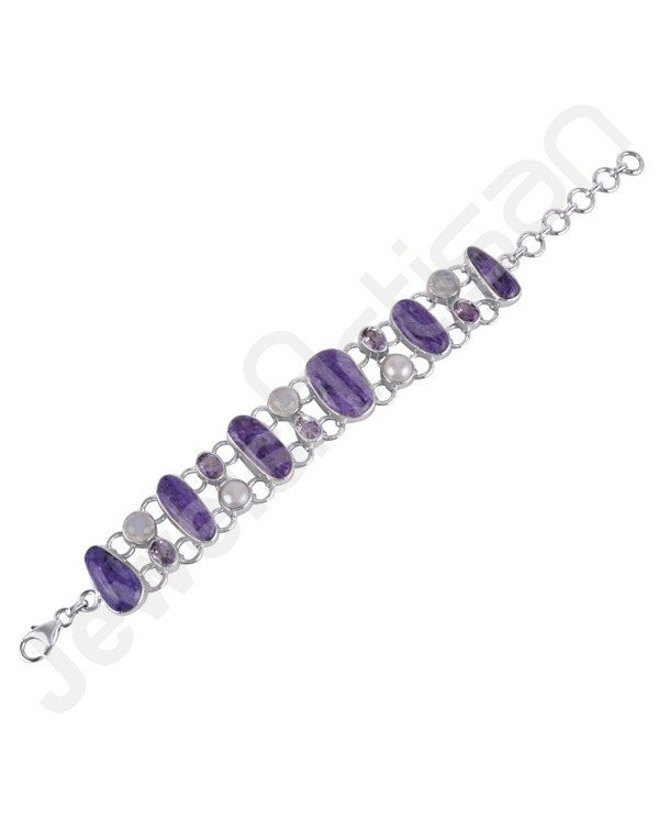 Natural Charoite Bracelet 925 Sterling Silver Bracelet Cluster Bracelet