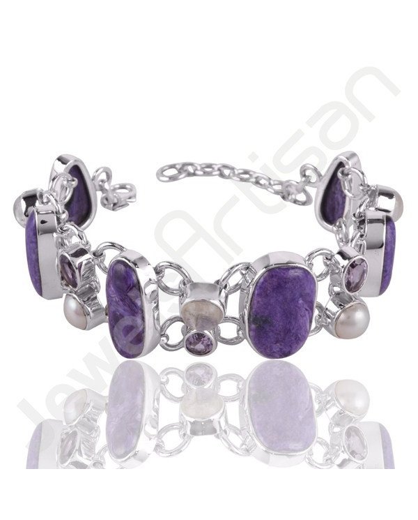 Natural Charoite Bracelet 925 Sterling Silver Bracelet Cluster Bracelet