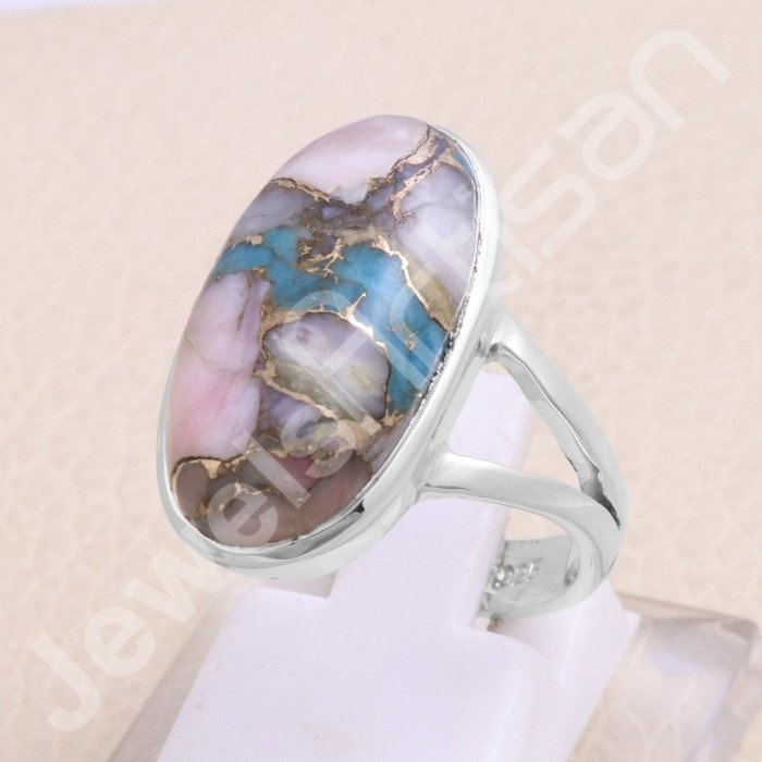925 Sterling Silver Pink Spiny Oyster Turquoise Handcrafted Ring