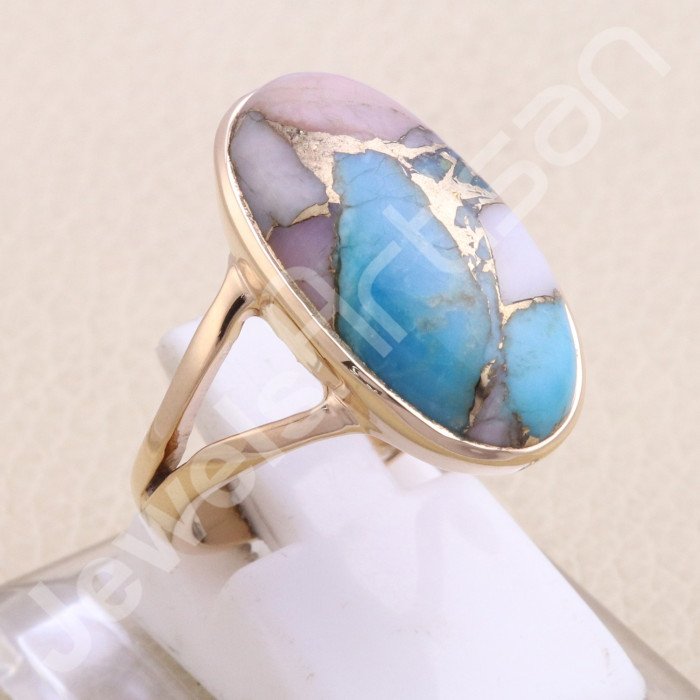 Rose Gold Plated Pink Spine Oyster Turquoise 925 Sterling Silver Ring