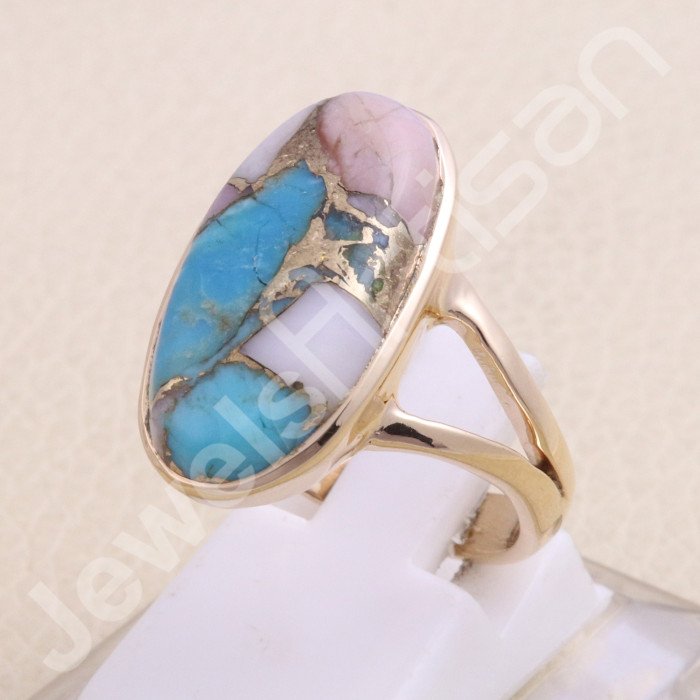 Rose Gold Plated Pink Spine Oyster Turquoise 925 Sterling Silver Ring