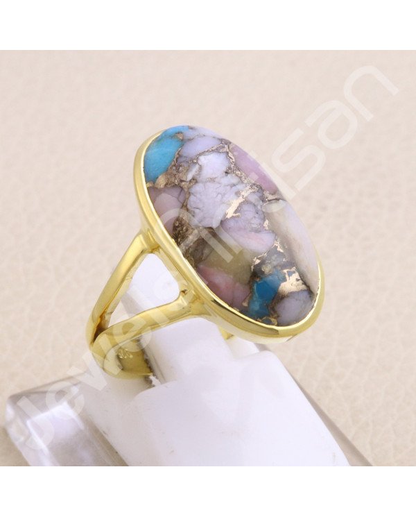 Solid Silver Ring Pink Spiny Oyster Turquoise Ring Gold-Plated Ring